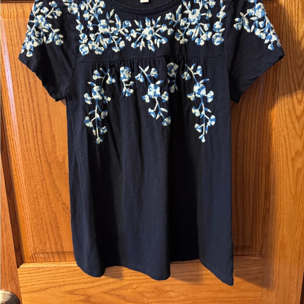 Charter Club Navy Top with Blue Floral Embroidery